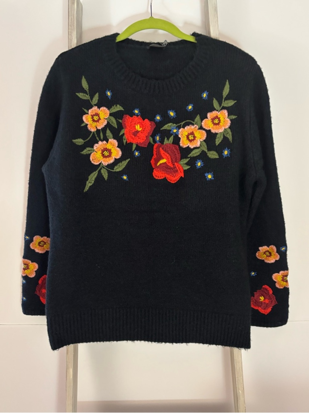 Cliche’ Women's Black embroidered Sweater with colorful Floral Accents